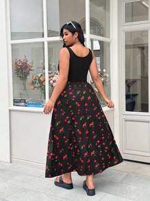 SHEIN EZwear Plus Size Cherry Print Adjustable Strap Waist Cinched Waist Dress,Vacation - Multicolor - View 2