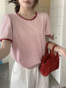 DAZY Women Stripe Casual Round Neck Short Sleeve T-Shirt, Summer Cute Tops, Back Top School - Red - View 3