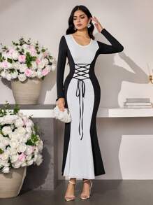 Modelyn Women's Elegant Contrast Color Criss-Cross Long Sleeve Midi Dress - Black and White - View 3