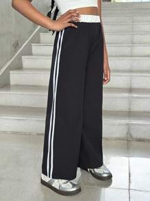 SHEIN Leap Crew Tween Girls Sporty Striped Contrast Print Straight Leg Pants - Black - View 5