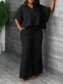 Slaydiva Conjunto de 2 piezas de camisa y pantalón de unicolor talla grande para mujer, elegante, uso diario y para ir a la oficina, estilo casual informal