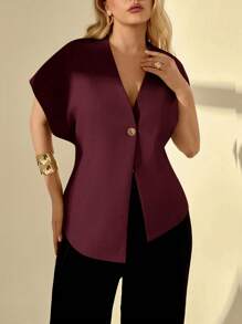 Auralis Plus Size Summer Easter Business Casual Woman Elegant Commuting Going Out Tops Office Work Church Airport Easter Curve Old Money Style Solid Color Bat Sleeve Single-Button Thin Blazer
