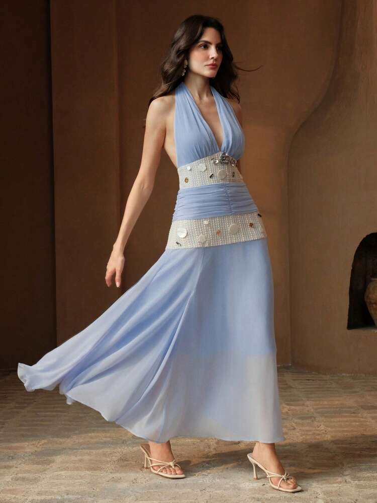 Elegant Blue V-Neck Beaded Swing A-Line Maxi Dress, New Fashion Summer Vacation Dress
