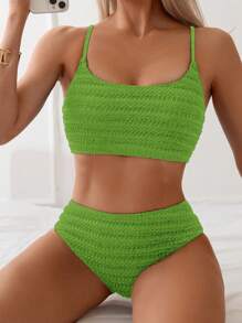 Swim Basics Women's Solid Color Spaghetti Strap Backless Bikini Set For Summer Beach Vacation