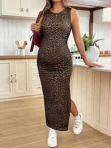 SHEIN Sleeveless V-Neck Split Hem Leopard Print Bodycon Maternity Dress - Brown - View 1
