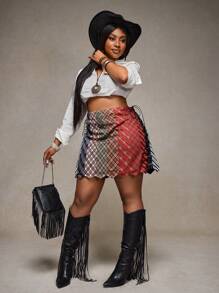 Slaydiva 2025 春夏女款加大码格子拼布印花时尚宽松系带荷叶边 A 字迷你裙，适合休闲街头装、派对、音乐节、复古西部风、公路旅行、度假 - 彩色 - 查看 3