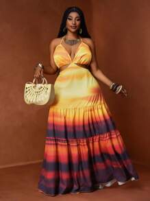 Slaydiva Women's Purple Summer Boho Vacation Holiday Sunset Gradient Print Spaghetti Strap Backless Layered Ruffle Hem Plus Size Maxi Dress,Beach Party - Multicolor - View 2