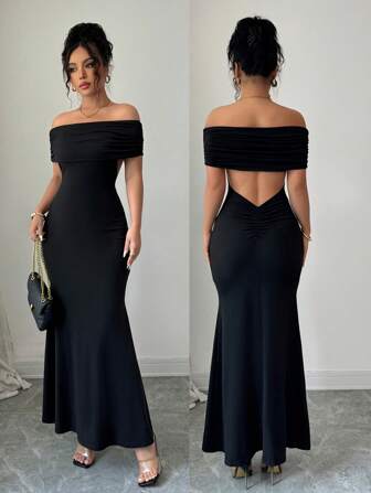 Rafferiza Off Shoulder Backless Maxi Dress, Fitted Fishtail
