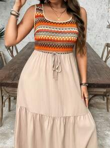 SHEIN LUNE Plus Size Women Strappy Jacquard Contrast Dress Summer Called Happy Mother Day Mother Day Dress Mummy And Me Brunch Outfits For Women Pride Day Midsummer Day Outfit Wedding Guest Dress Women Vacation Outfits Woman Beach Outfits For Woman Festival Cozy Fit Chillax Slouchy Casual Style Relaxed Outfit Vacation Style Holiday Outfits Boho Bohemian - Multicolor - View 2