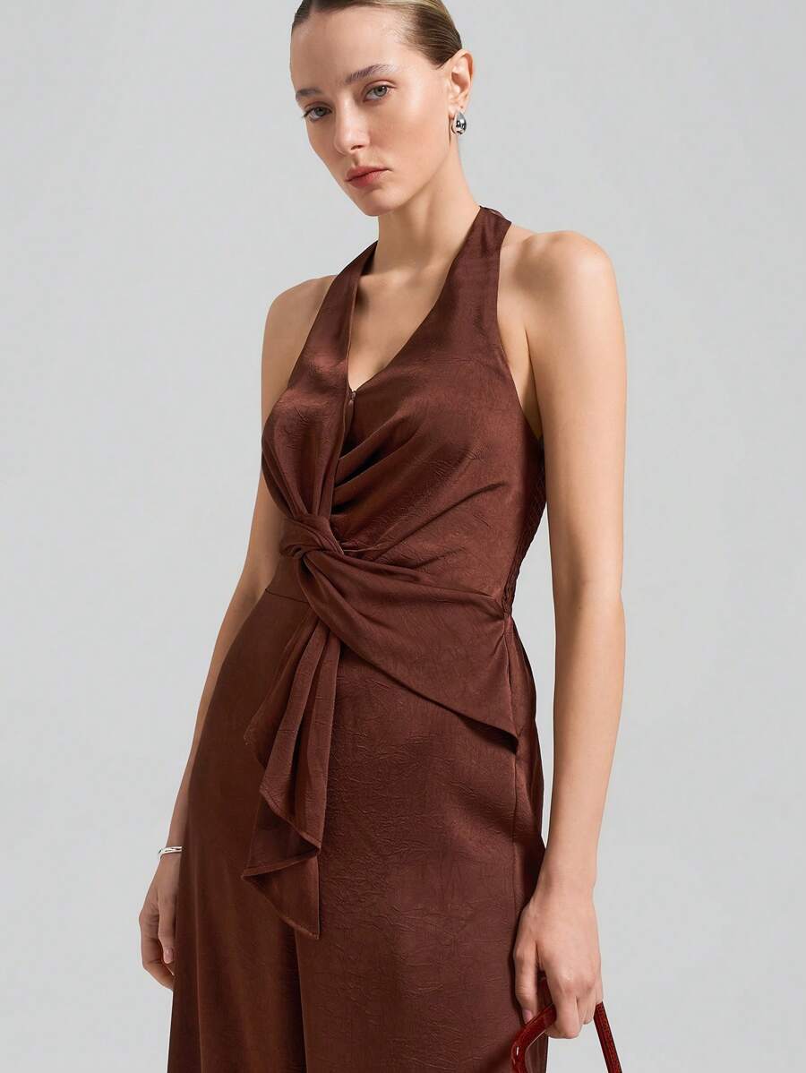 Ontre Vintage Style, Business Commute, Elegant Style, Faille Fabric, Brown Color, Halter Design, Twisted Front, Tie-Up Design, Women's Jumpsuit, Sleeveless, Spring/Summer Clothing, Everyday Wear, New Collection 2025 - Brown - View 1