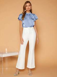 Firerie Women's Solid Color Ruffle Collar Pleated Short Sleeve Elegant Blouse - Blue - View 3