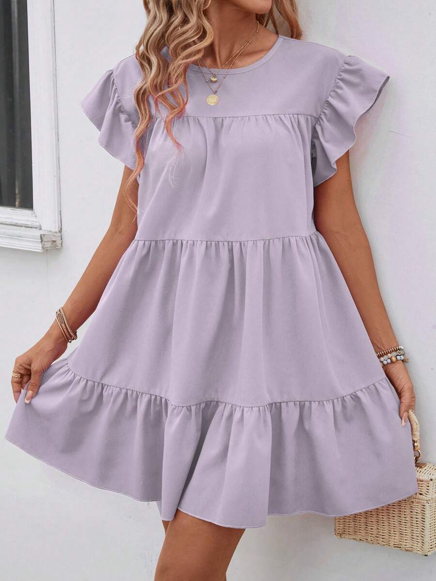 Breezaya Women Summer Solid Color Round Neck Loose Babydoll Dress With Ruffle Trim Vacation Beach Outfit - Purple - View 1