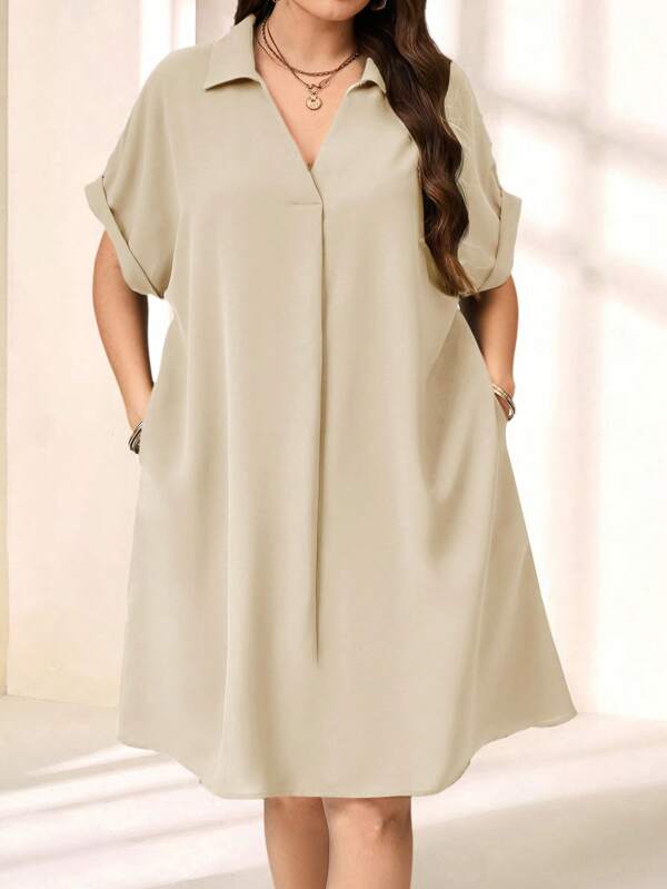 EMERY ROSE Plus Size Solid Color Collared Short Sleeve Casual Mini Dress, Minimalist Style,Summer Outfits For Women,Business Casual Woman,Sundress
