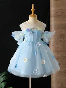 年轻女孩蓝色露肩网眼拼布 A 字形荷叶边连衣裙，适合生日派对、婚礼、户外和节日场合 - 藍色 - 查看 1