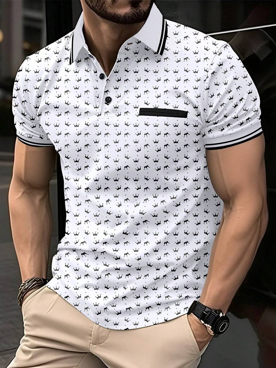 Calvornis 男士皇冠印花短袖休闲通勤 Polo 衫 - 白色 - 查看 1