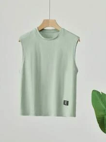 SHEIN Tween Boy Fashion Casual Y2k Patch Details Mix And Match The Sporty Comfortable And Breathable Light Green Knitted Denim Sleeveless Top For Kids Clothes Boys Soft Dailywear And Kids Summer And Spring Clothes - Green - View 1