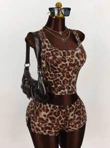 Amplova Women's Fashion Cut-Off Leopard Print Mesh Bodycon Tank Top
