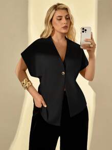 Auralis Plus Size Summer Easter Business Casual Woman Elegant Commuting Going Out Tops Office Work Church Airport Easter Curve Old Money Style Solid Color Bat Sleeve Single-Button Thin Blazer