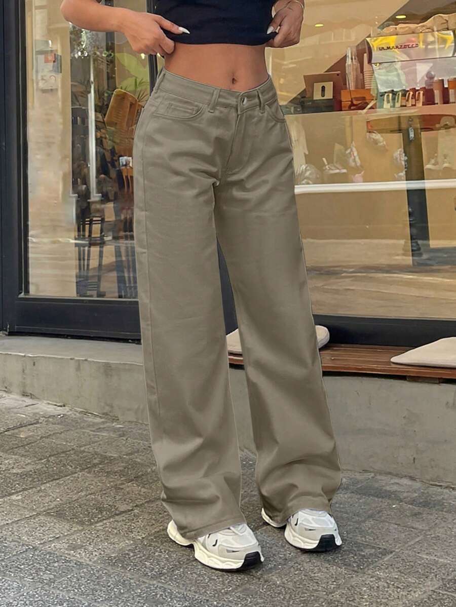 EURMUSE 100% Cotton LOW RISE WIDELEG CUT WHITE JEAN - Army Green - View 1