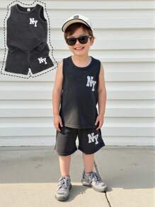 SHEIN Playful Pals 2pcs/Set Young Boys Round Neck Sleeveless Graphic Letter Print Tank Top & Elastic Waist Shorts Sports Outfit, Soft Cotton Casual Summer Tracksuit Summer Holiday