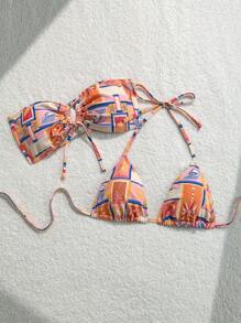 Swim Mod 女士夏季海滩棕榈树印花露肩抹胸比基尼上衣 - 彩色 - 查看 5