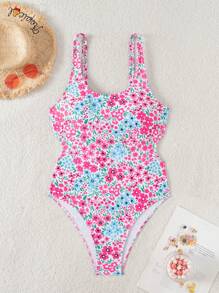 SHEIN Swim 1 件女士度假海滩花卉印花露背连体泳衣 - 彩色 - 查看 8