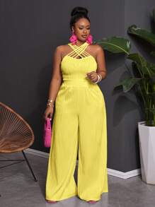 Slaydiva Plus Size Women's Elegant Criss-Cross Front Jacquard Jumpsuit, Suitable For Casual Commute And Vacation