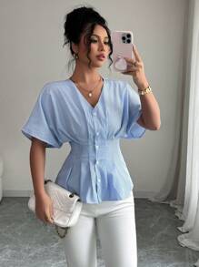 Elenzga Summer Raglan Sleeve Blue & White Striped Slim Fit Beach Shirt