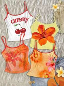 Muchica 4pcs/Set Casual Minimalist Vacation Orange Floral, Cherry Print Color Block Sexy Spaghetti Strap Tank Top For Women, Suitable For Summer - Multicolor - View 1