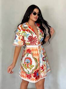 SHEIN SXY Plus Size Women's Spring&Summer Elegant Sexy Short Sleeve Retro Printed Shirt Dress, Suitable For Everyday Wear, Wedding, BOHO, Bohemian, Outing, Beach Vacation, Holiday, Seaside, Western Wear, Music Festival, Concert, Carnival Party, Richly Layered, Date Night, Ibiza, Nashville, Break, Modest, Chic, Club, Cute, Casual, Shopping, Streetwear, Going Out, Easy To Match&Looks Slim, Accent Your Body, Flatter The Figure, Patchwork Floral Print Colorful Dress