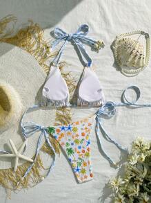 Swim Mod Women's Fashion Sexy Digital Printed Halter Bikini Top Set, Beachwear Swimwear For Summer Beach Vacation - Multicolor - View 4