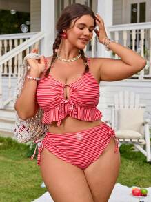 Swim Mod Plus Size 2pcs Swimsuit, V-Neck Ruffled Adjustable Strap Cropped Camisole Top And High Waist Tie Front Bottoms, & Chic Beach Vacation Outfit For Women For Summer - Multicolor - View 6