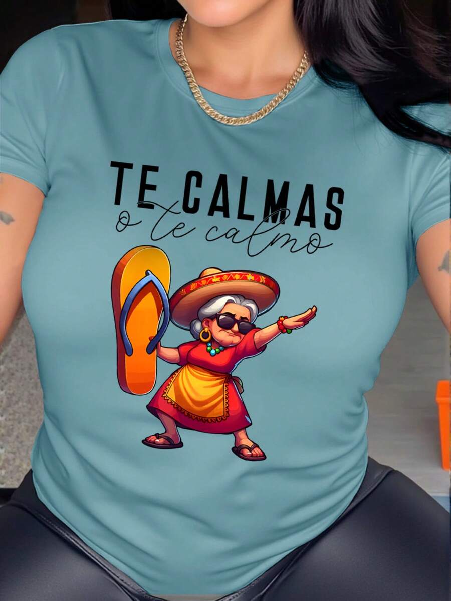 INAWLY Women's Summer Letter & Cartoon Print Crew Neck Short Sleeve Regular T-Shirt - Dusty Blue - View 1