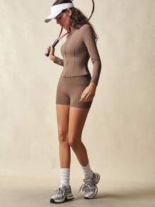 VARSIVA 高领长袖紧身女式运动套装 - 摩卡棕 - 查看 7