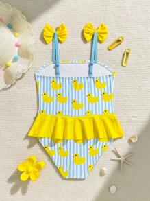 Young Girl Striped Duck Cute Print Ruffle One-Piece Swimsuit, Suitable For Beach Vacation - Multicolor - View 2