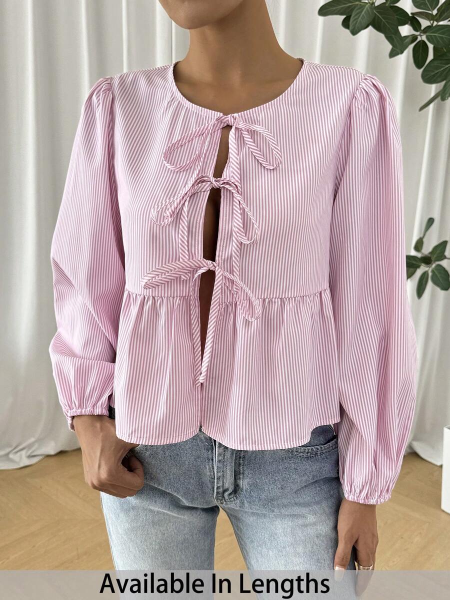 SHEIN Tall CURVE 大码女式条纹前系带灯笼袖荷叶边下摆衬衫 - 粉色 - 查看 1