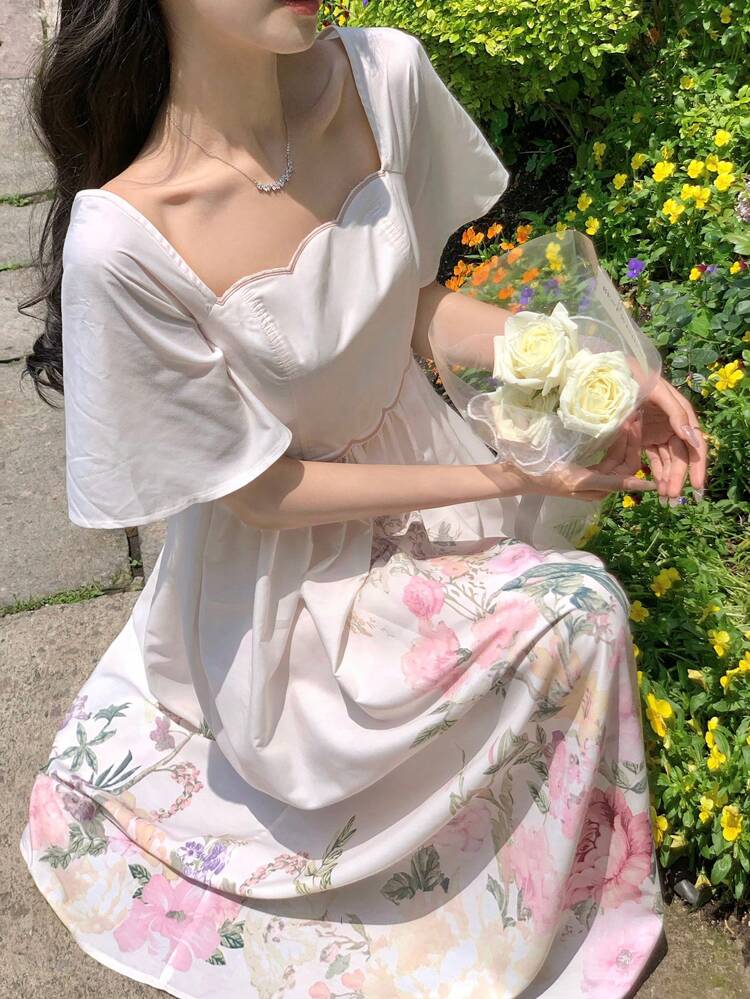 Floral Print Full Skirt Flare Sleeve Dress, Resort Wear For Women Vacation Outfits Women Easter Dress