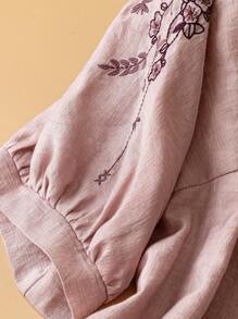 Linhara 大码女式花卉刺绣圆领泡泡袖休闲衬衫 - 藕粉色 - 查看 5