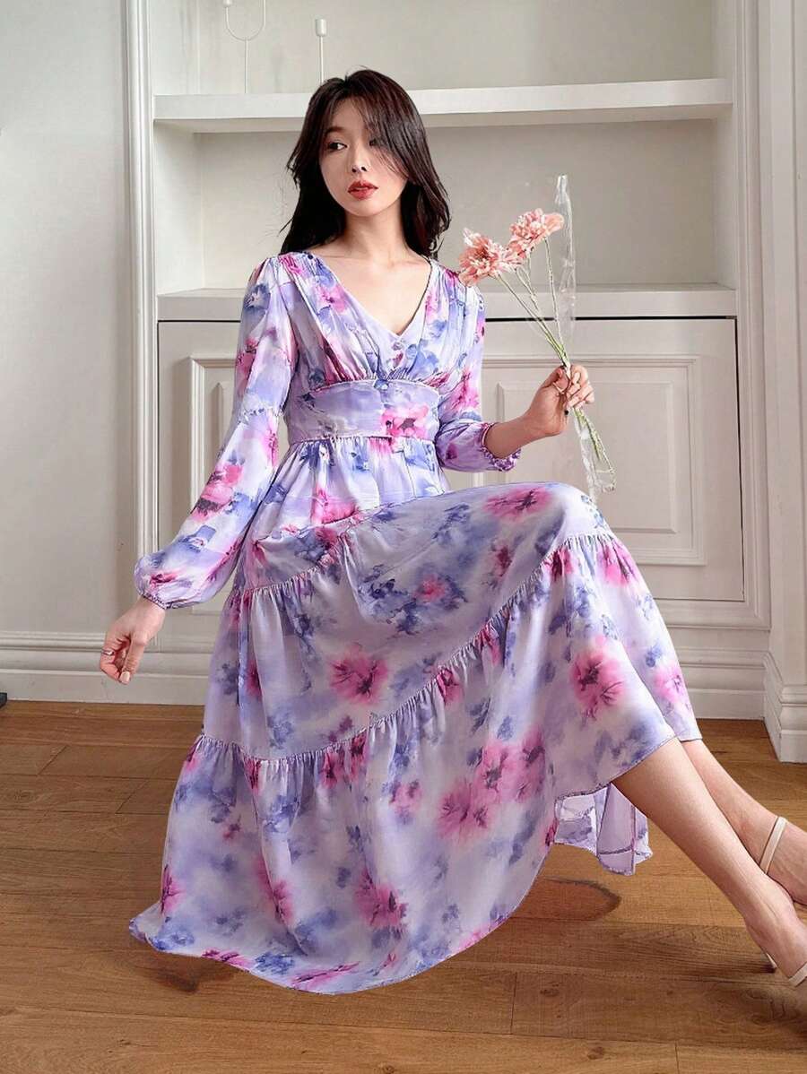 DAZY Đầm dài tay dài, kiểu dáng maxi, họa tiết hoa, hàng mới về mùa thu dành cho nữ. - Màu xanh lam - Xem 1