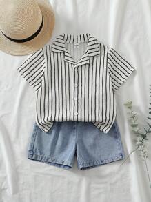 SHEIN Vintaside Kids 2 件套幼儿男童休闲乡村条纹衬衫和牛仔短裤套装，舒适的乡村基本款服装，春夏季，适合 4-7 岁儿童，日常穿着和户外活动 - 彩色 - 查看 1