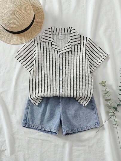 SHEIN Vintaside Kids 2 件套幼儿男童休闲乡村条纹衬衫和牛仔短裤套装，舒适的乡村基本款服装，春夏季，适合 4-7 岁儿童，日常穿着和户外活动
