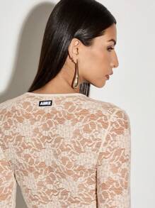 AiiRZ Sheer Lace Fitted Round Neck Thumb Hole Top Black - Baby Pink - View 5