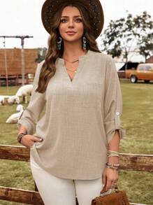 EMERY ROSE Camisa de talla grande de unicolor con cuello vuelto y mangas enrollables para vacaciones - Albaricoque - Ver 3