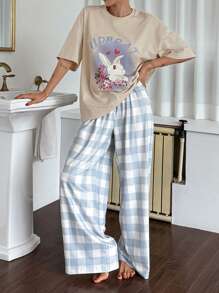 DAZY 2pcs Rabbit Print Plaid Loose Shorts Sleeves Top And Long Pants Pajama Set For Women, Summer - Apricot - View 5