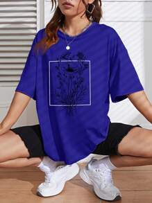 INAWLY Women's Floral Print Casual Loose Round Neck Drop Shoulder T-Shirt, Summer - Royal Blue - View 5