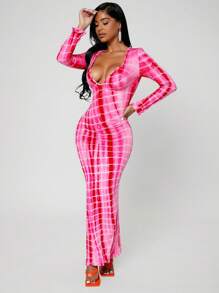 SHEIN SXY Tie Dye Deep V-neck Long Sleeve Dress With A Tight-fitting Bottom - Pink - View 5