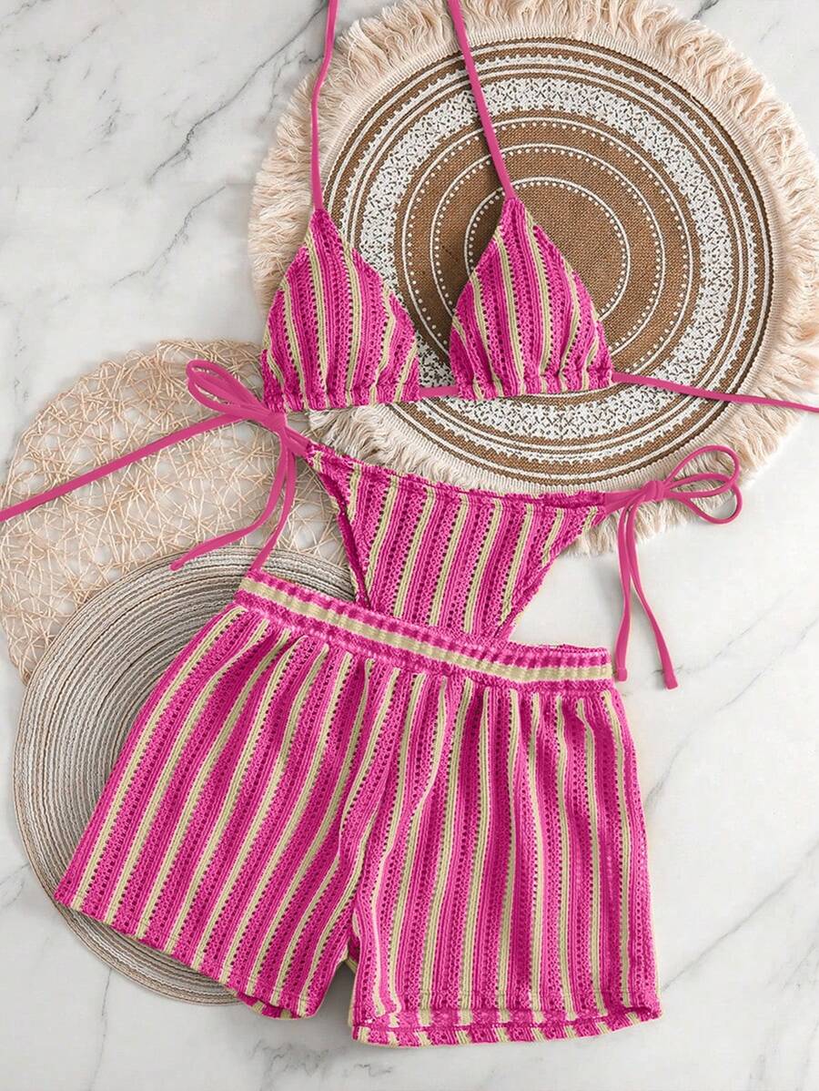 Swim Vcay 3pcs/Set Bohemian Style Crochet Fabric Drawstring Swimsuit Cover Up Bikini Set For Summer Beach Vacation