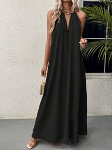 SHEIN Tall Long A-Line V-Neck Metal Decor Backless Tie Beach Casual Elegant Women Dress