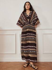 Dazy-Less Abito midi estivo da donna in stile boho, con scollo a V e vita, con stampe geometriche, a righe e a fantasia all-over