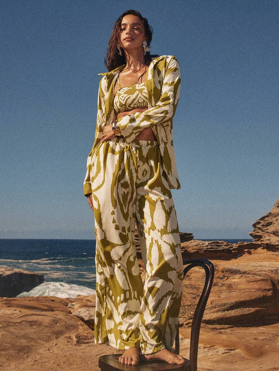 Anewsta Women's Summer Beach Geometric Print Sexy Bikini Set, Includes Swimsuit, Long Sleeve Kimono, And Pants